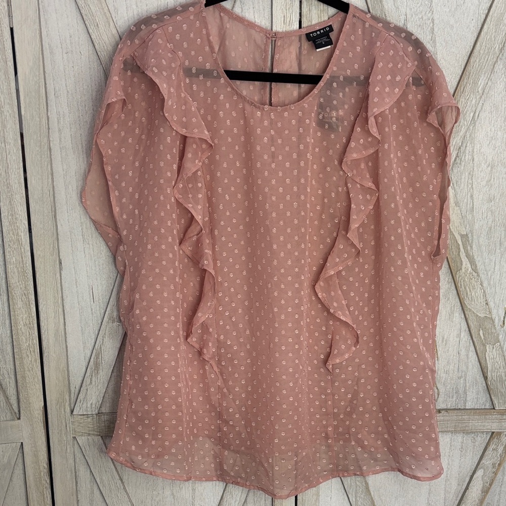 Torrid Blush Ruffled Sheer Dot Blouse Size Large 0 - Picture 2 of 9